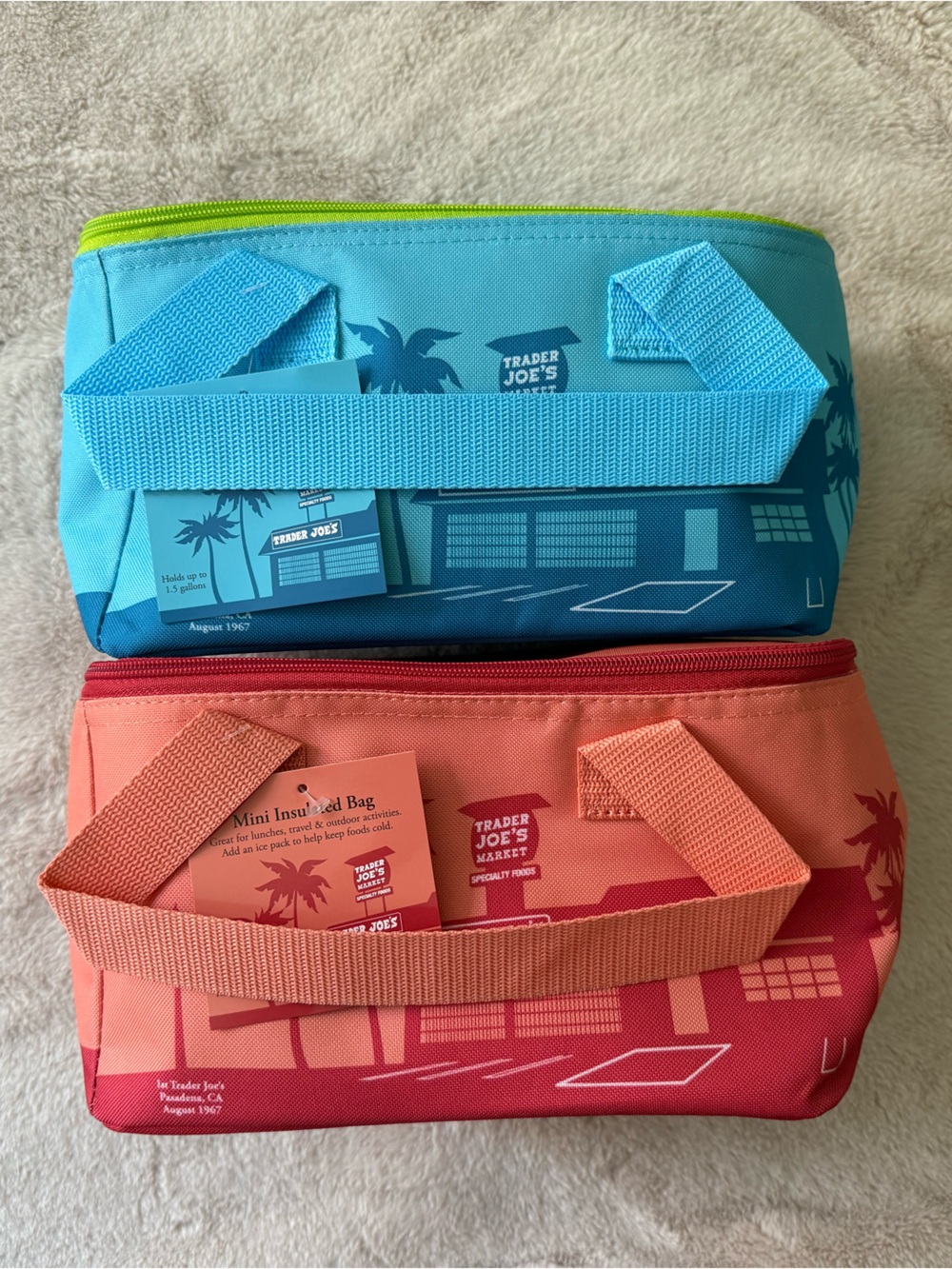 NWT Trader Joes Mini Totes Insulated Peach and Blue/Green